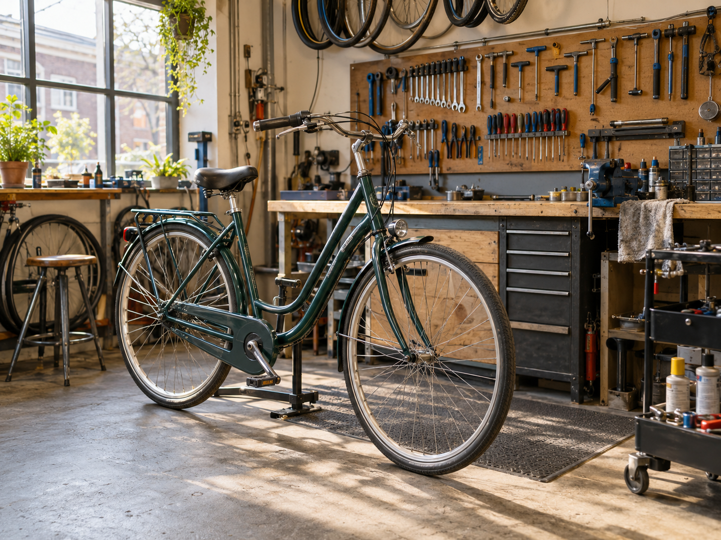 Illustratieve foto van een verzorgde fietsenwerkplaats